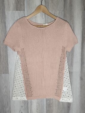 Moth Anthropologie Blush Pink Colorblock Knit Top 100% Cotton Eyelet Sweater
